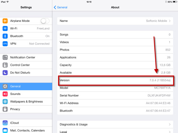 Finding your iOS version on an iPad mini